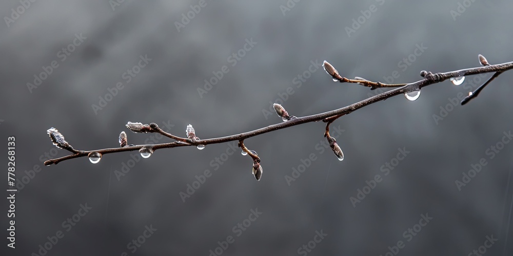 Obraz premium Tree branch with raindrops on a gray background