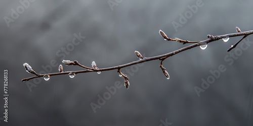 Tree branch with raindrops on a gray background