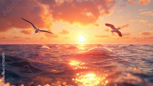 Seagulls flying over the ocean at dawn, photorealistic, vibrant colors, natural lighting ,3DCG,clean sharp focus