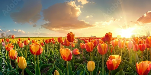 Field of tulips against the sunset nature landscape