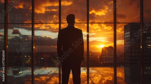 A man in a suit stands in front of a window, looking out at the city skyline. The sun is setting, casting a warm glow over the buildings. The man is lost in thought