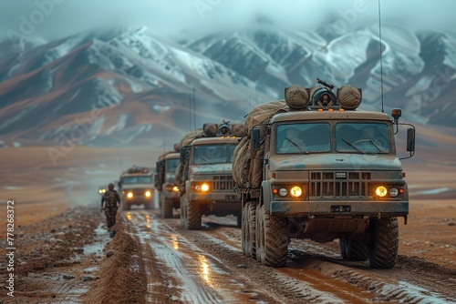A convoy of military transport trucks carrying troops and equipment through a remote desert landscape