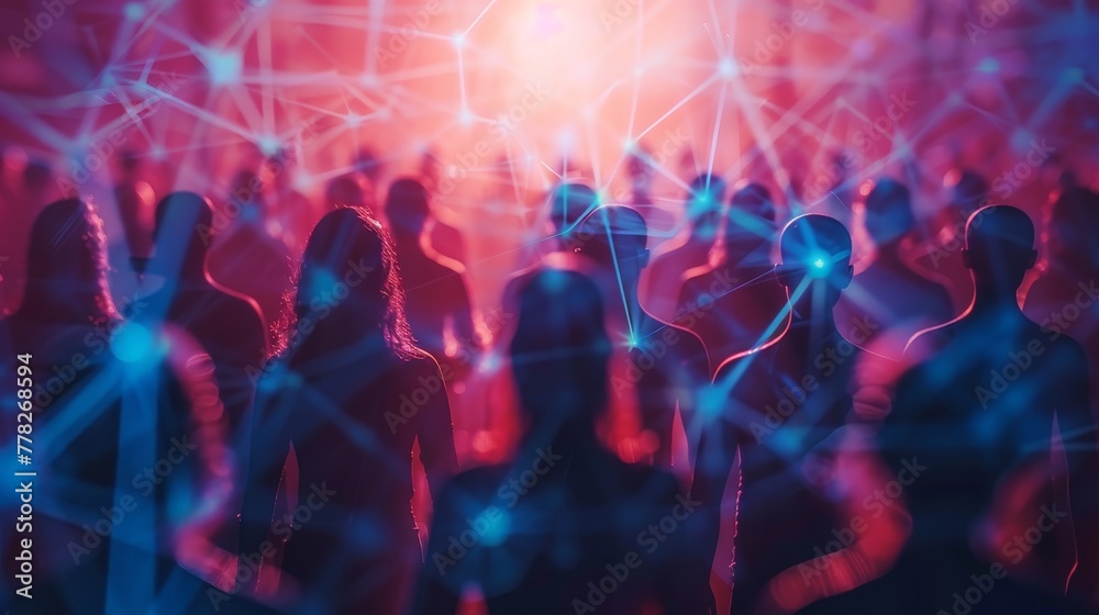A group of people are shown in a crowded room with a lot of lines connecting them. Concept of chaos and disorganization, as the people are all connected in a web-like pattern A group of people are shown in a crowded room with a lot of lines connecting them. Concept of chaos and disorganization, as the people are all connected in a web-like pattern