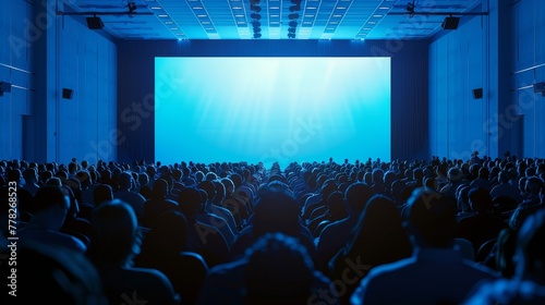 Wallpaper Mural A large crowd of people are sitting in a theater watching a movie. The theater is dark and the screen is blue Torontodigital.ca