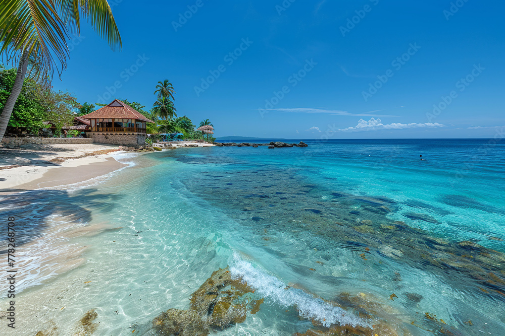 Sandy beach with palm trees on the shore for relaxation. Beautiful and clean sea. Summer background