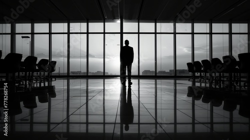 A man stands in a large room with a window in the background. The room is empty and the man is the only person in the scene. Scene is somber and lonely
