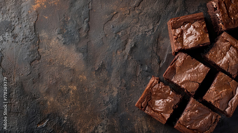 Top-down view of homemade chocolate brownies set against a dark background. Top-down view of homemade chocolate brownies set against a dark background.