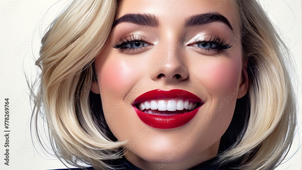 red lipstick stained mouth, blonde hair in disarray, bow tie cinched at neck red lipstick stained mouth, blonde hair in disarray, bow tie cinched at neck