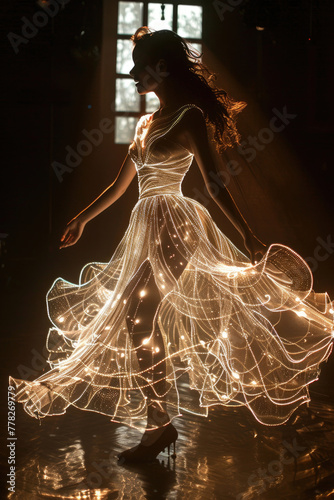 A model wearing a virtual dress, with the dress rendered in 3D and projected onto the model's body