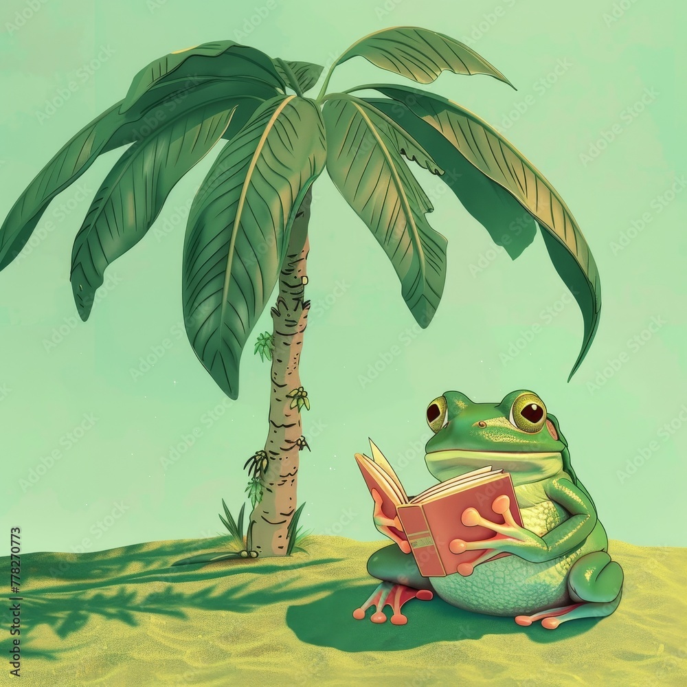 Frog reading a book under a palm tree, Summer theme,  2D illustration, isolate on soft color background