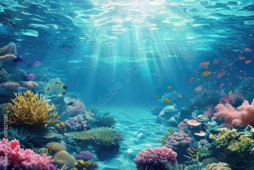 Underwater Paradise  Coral Reefs Teeming with Tropical Fish  Ocean Beauty Illuminated by Sun Rays