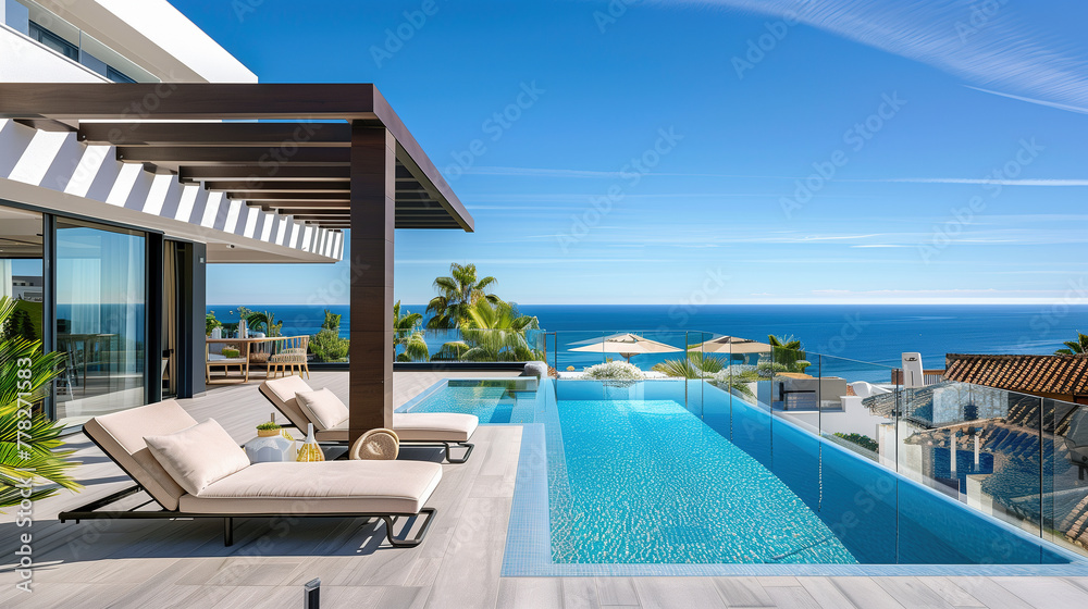 Luxury villa swimming pool by the sea,created with Generative AI tecnology.