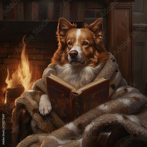 A dog in a fluffy robe reads a mystery novel by the fireplace, tail wagging gently, realistic ,  cinematic style. © tohceenilas