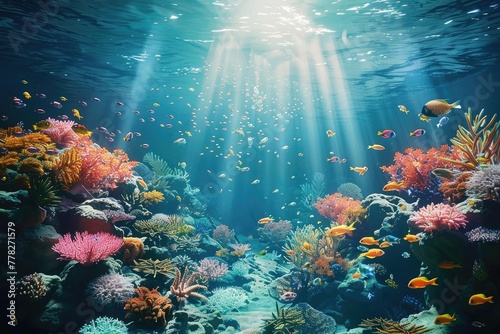 Underwater Paradise: Coral Reefs Teeming with Tropical Fish, Ocean Beauty Illuminated by Sun Rays