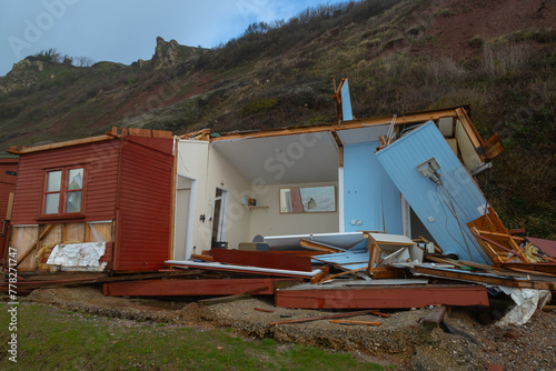 Beach hut damaged by storm in village of Branscombe, East Devon