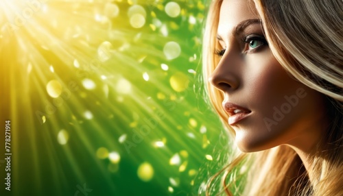  A women's face, closely framed, against a green and yellow backdrop Background softly blurred by bokeh of light