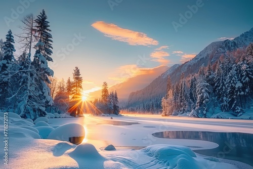Winter Wonderland: Snow-Covered Pines and Sunset Over Frozen Lake © Artwork Vector