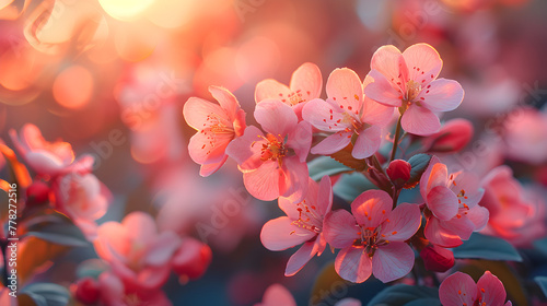 Blurred Spring Background Image with Branch of Blooming Flowers