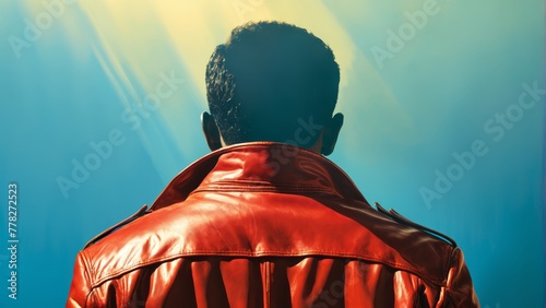   Man's head in red leather jacket faced away from blue background