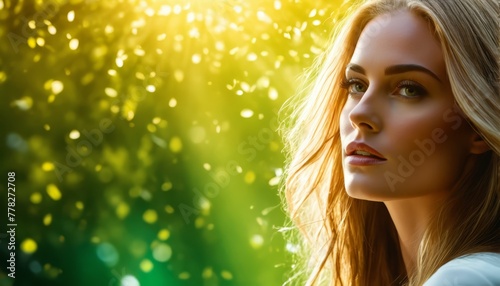  A woman with long blonde hair stands before a green and yellow backdrop of soft lighting, her face illuminated