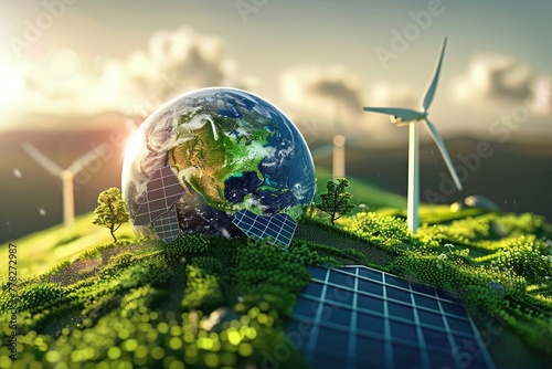 Sustainable Earth: Renewable Energy Concept with Solar Panels and Wind Turbines