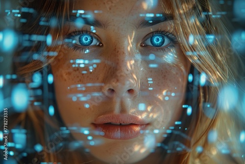 A futuristic interface explodes with vibrant video frames, captivating a wide-eyed young Caucasian woman.