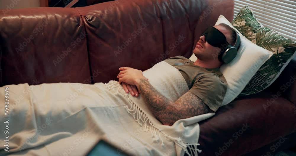 Counselling, help or therapist with tablet screen in consultation for man with insomnia, ptsd or sleep paralysis. Digital, app or psychologist with hypnotherapy for mental health or frequency healing