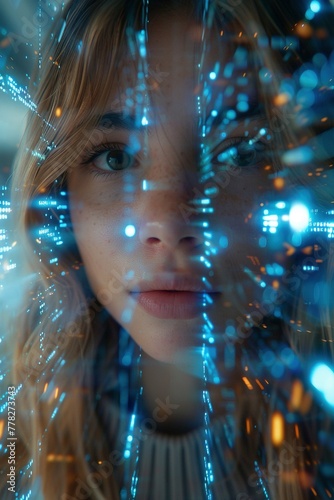 A young woman of color immersed in a futuristic learning experience. Glowing digital graphics overlay her face  highlighting knowledge absorption.