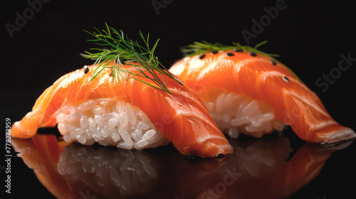 Salmon sushi nigiri sashimi on rice, with dark background with light reflection and bokeh effect.