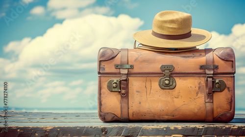 Vintage Travel Suitcase with Hat on Dock. An old-fashioned brown leather suitcase with a straw hat on top, set against a blue sky on a wooden dock. 