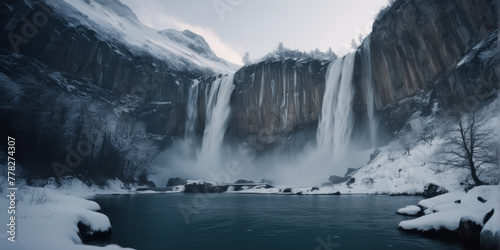 Wasserfall in einer winterlich eisigen Gebirgslandschaft