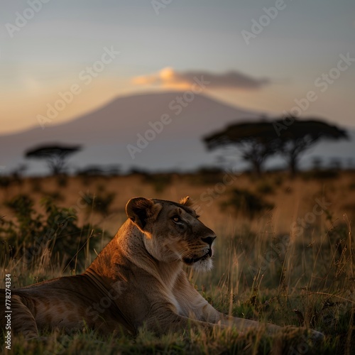 A lion laying in the grass with a mountain in the background