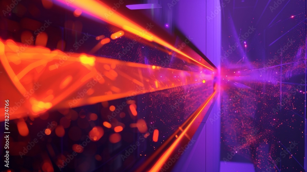 an orange laser beam hitting a glass pane, with purple and seagreen lightrays coming out the other side an orange laser beam hitting a glass pane, with purple and seagreen lightrays coming out the other side