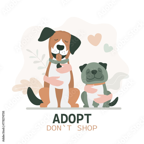 Adopt don't shop - cute dogs waiting for an owner. Banner or poster about pet adoptation. Animal care, adoption. Help homeless animals find home concept.