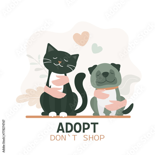 Adopt don't shop - cute pets waiting for an owner. Banner about pet adoptation. Animal care, adoption. Help homeless animals find home concept. Human hands hugging puppy and kitty.