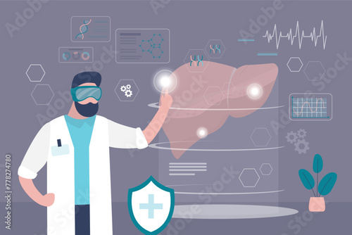 Male doctor wearing digital glasses looking virtual reality liver. Human organ anatomy, healthcare, medical vr headset vision. Operation room interior. VR assistance laser operation.