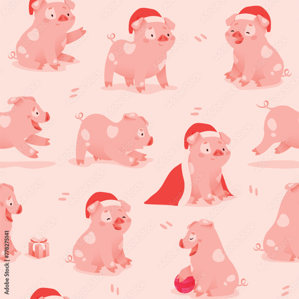 Pattern seamless tile background with cute pig in a Christmas hat and cloak. vector illustration