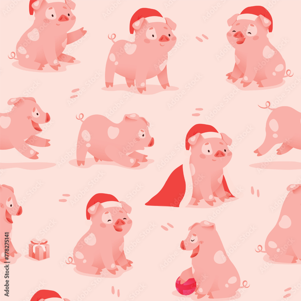 Pattern seamless tile background with cute pig in a Christmas hat and cloak. vector illustration Pattern seamless tile background with cute pig in a Christmas hat and cloak. vector illustration