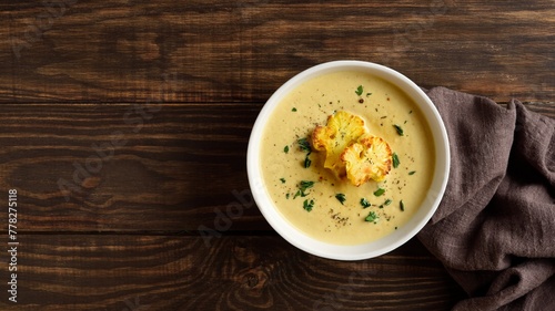 Cauliflower cheese soup in bowl over wooden background