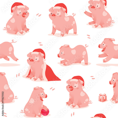 Pattern seamless tile background with cute pig in a Christmas hat and cloak. vector illustration