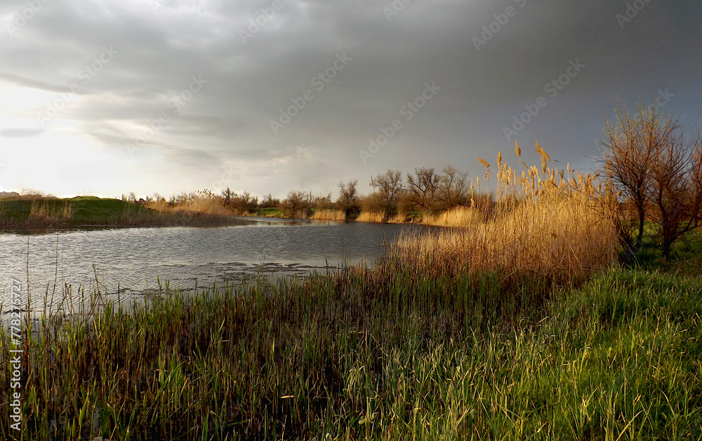 the bank of the river lit by the sun breaking through the black clouds