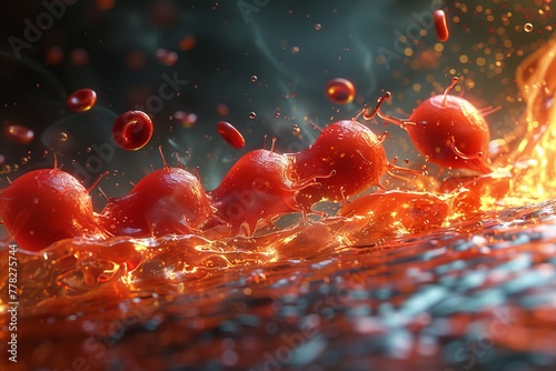 A team of erythrocyte characters in a relay race, passing an oxygen molecule like a baton, against a background of winding blood vessels photo