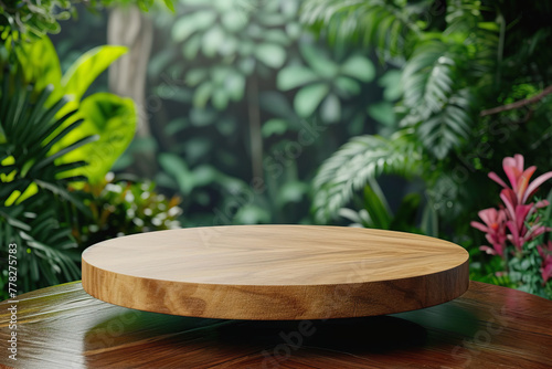 Wooden podium design and tropical plants. Product display mock up