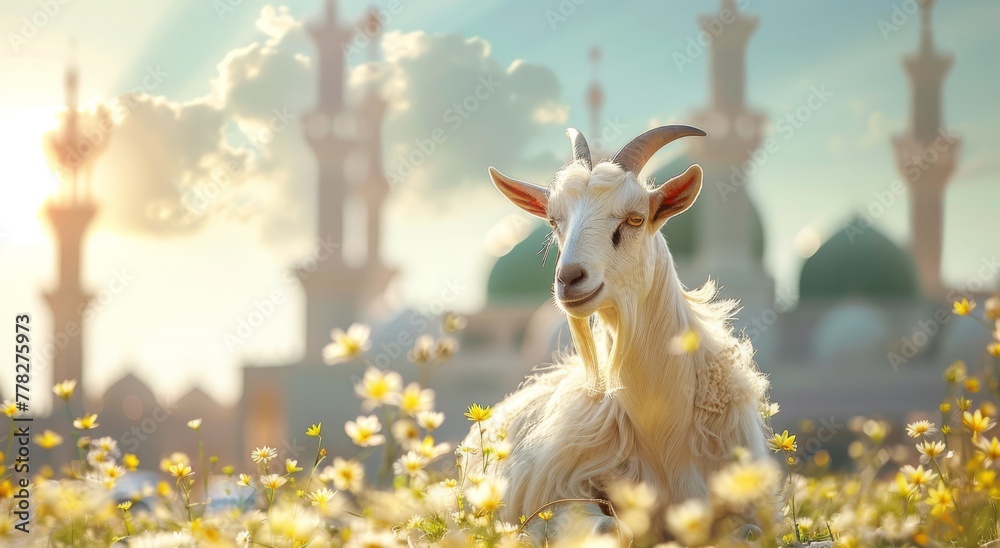 Obraz premium Goat Qurban Eid al adha mubarak festival islamic background Generated with Ai 