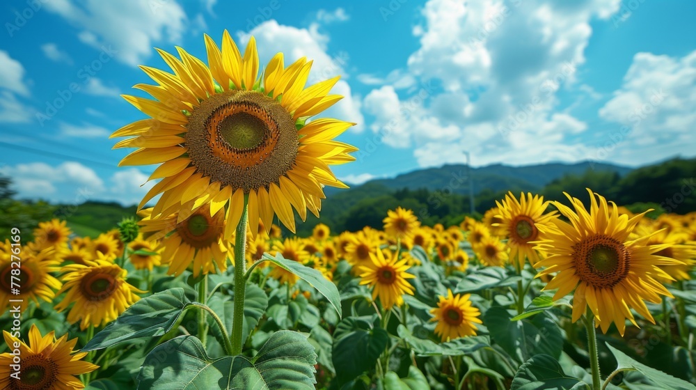 Field of ripe sunflowers against a bright blue sky Field of ripe sunflowers against a bright blue sky