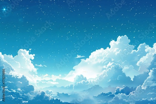 A painting of a clear blue sky with fluffy white cumulus clouds.