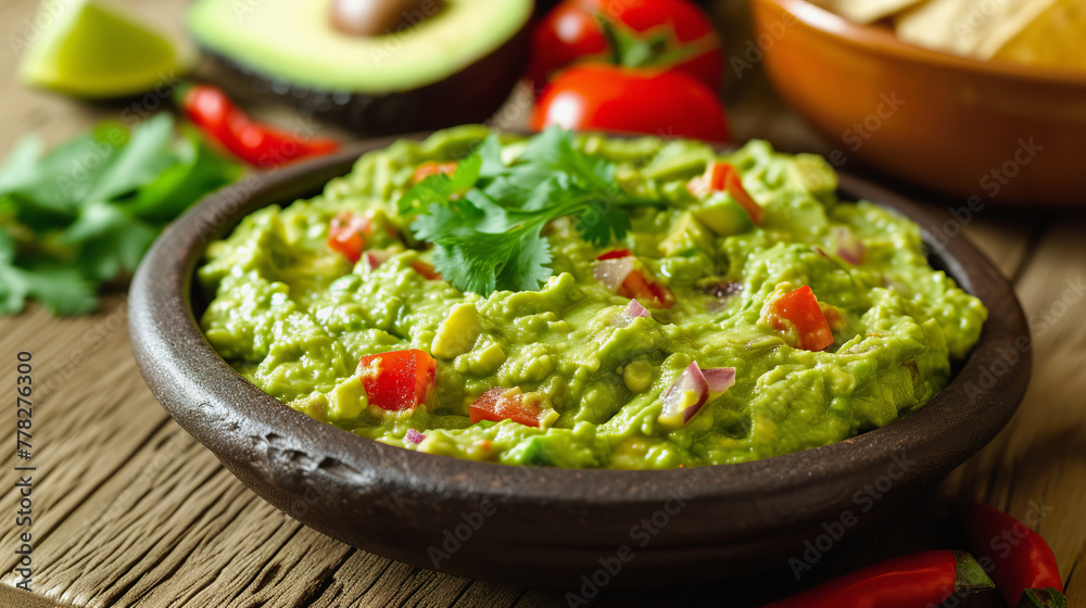 Guacamole dip in bowl garnished with fresh herbs, close up
