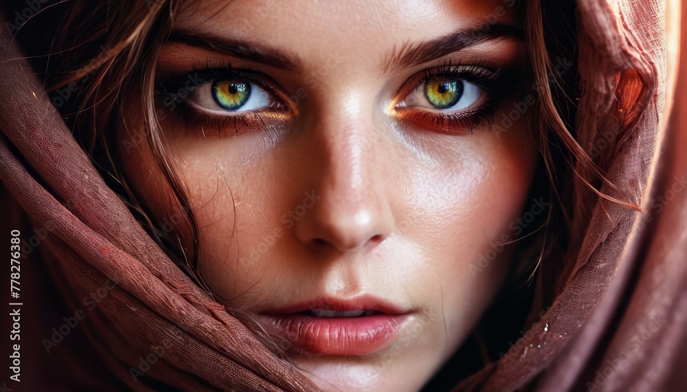 blue eyes peek from under a scarf, concealing the rest blue eyes peek from under a scarf, concealing the rest
