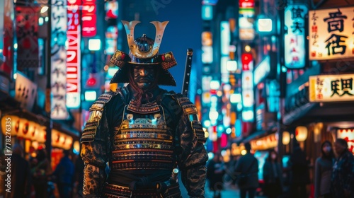 Japanese samurai, in full armor, standing against the backdrop of a noisy night market in a modern Japanese metropolis photo