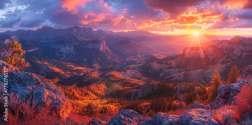A landscape photograph of a mountain range at sunset  captured with a wide-angle lens